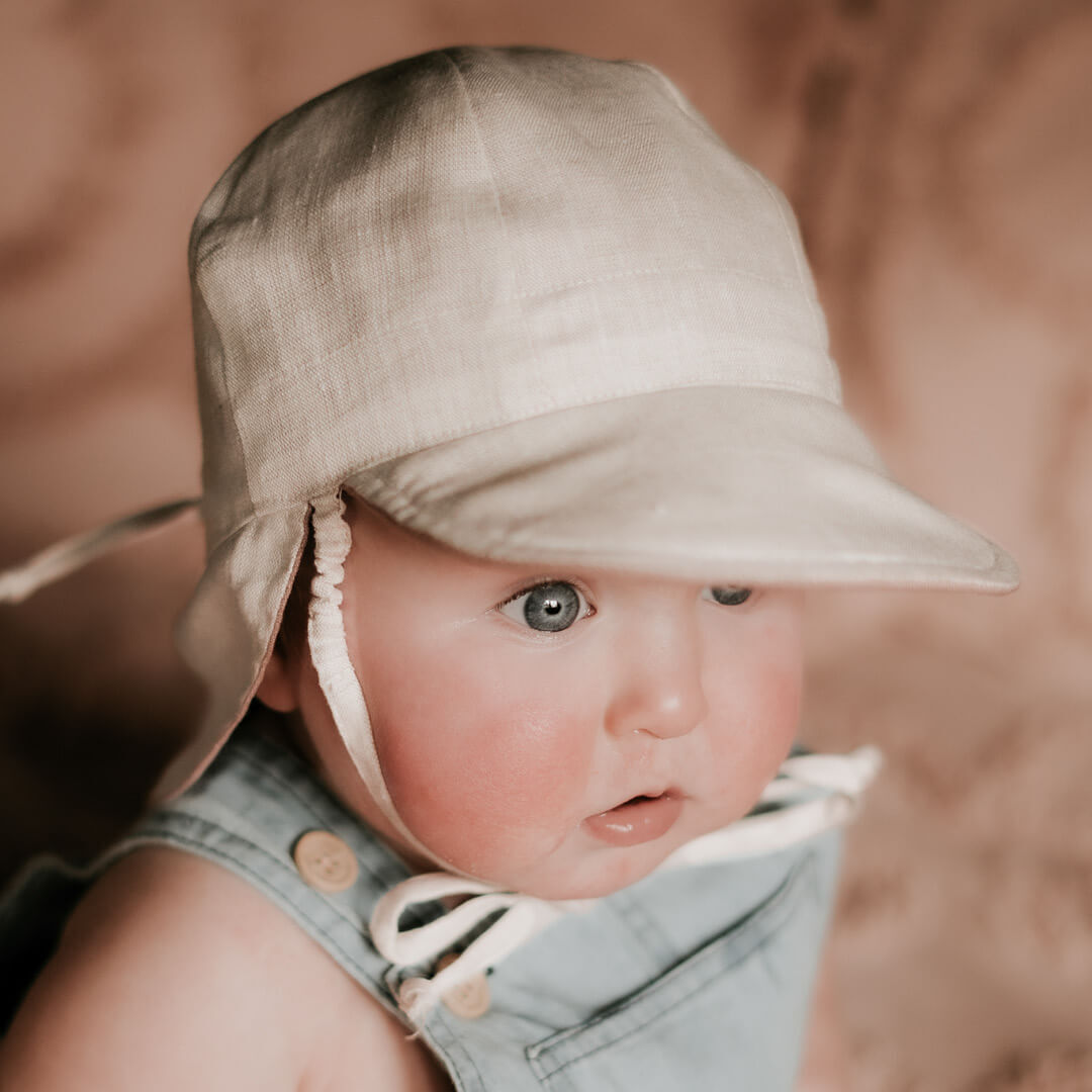 Bedhead Hats - 'Roamer' Baby Reversible Teddy Flap Baby Sun Hat - Rosa / Flax