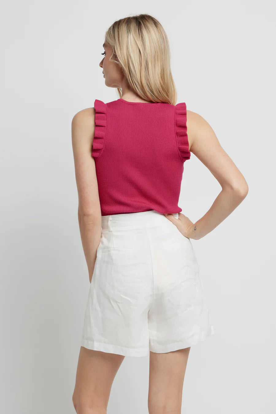 Apero - Jayci Ribbed Knit Frill Top - Fuchsia Pink