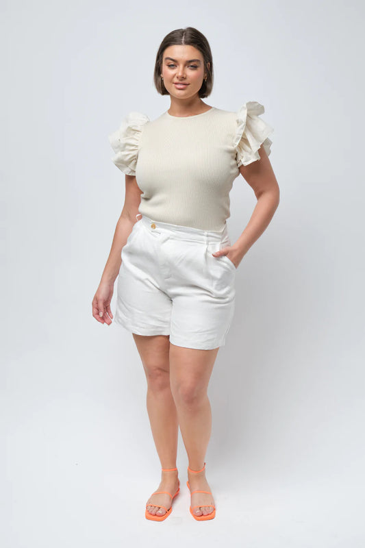 Apero - Ashton Ribbed Frill Top - Cream