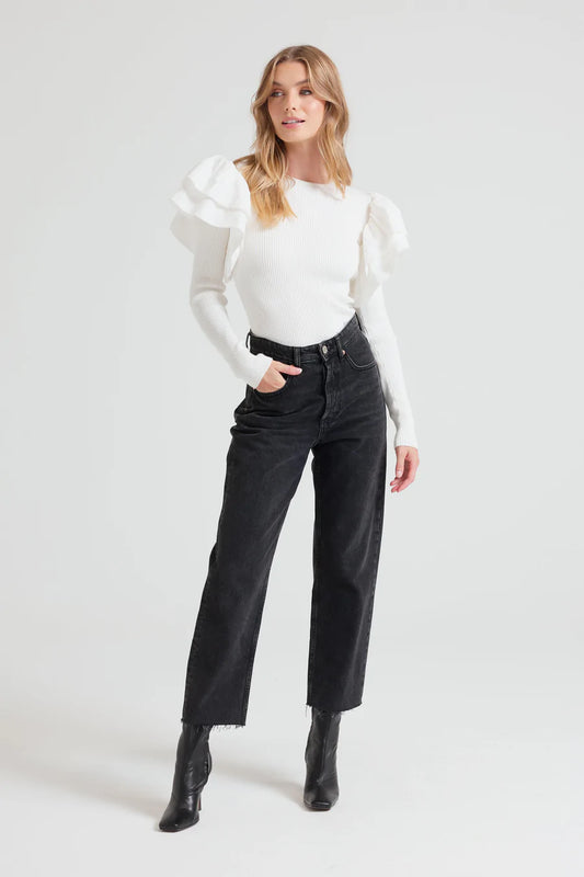Apero - Blaire Rib Frilled Top - Off White