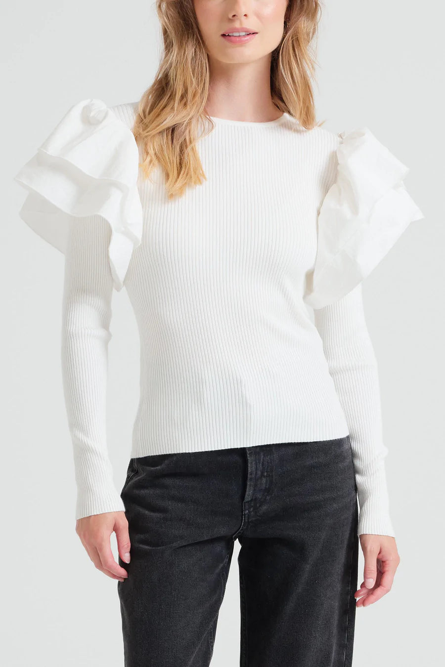 Apero - Blaire Rib Frilled Top - Off White