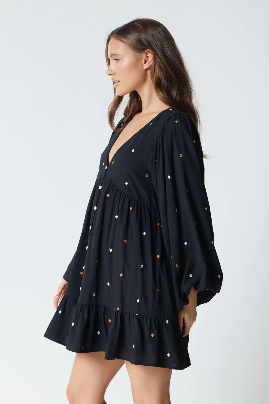 Apero - Jewel Embroidered Baby Doll Mini Dress