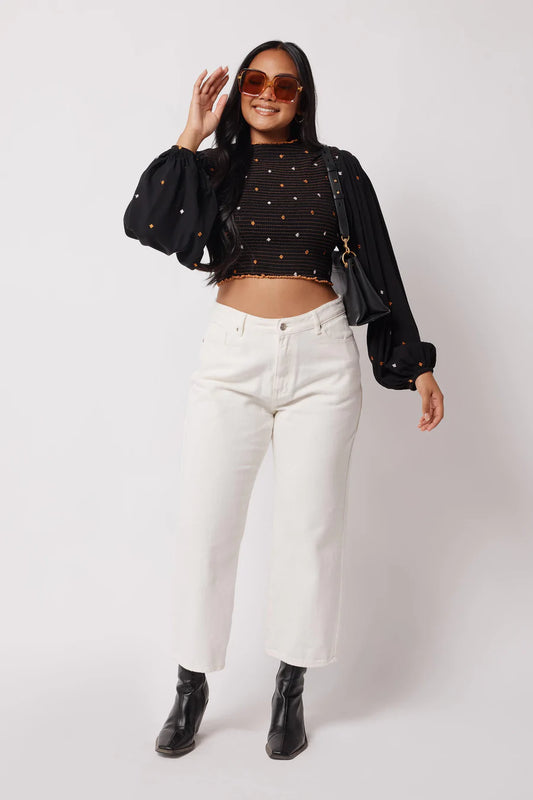 Apero - Jewel Embroidered Balloon-Sleeve Top -