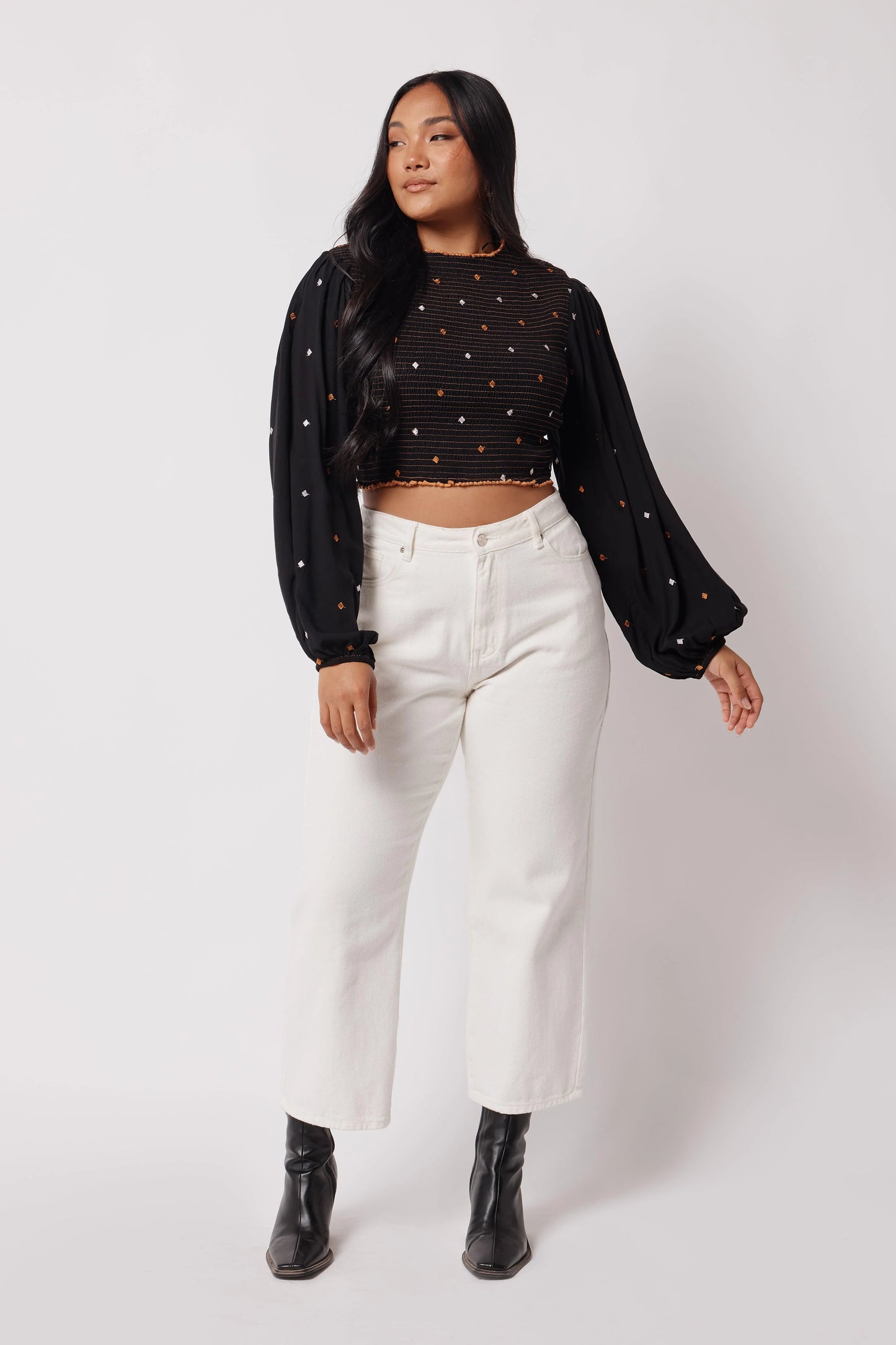 Apero - Jewel Embroidered Balloon-Sleeve Top -