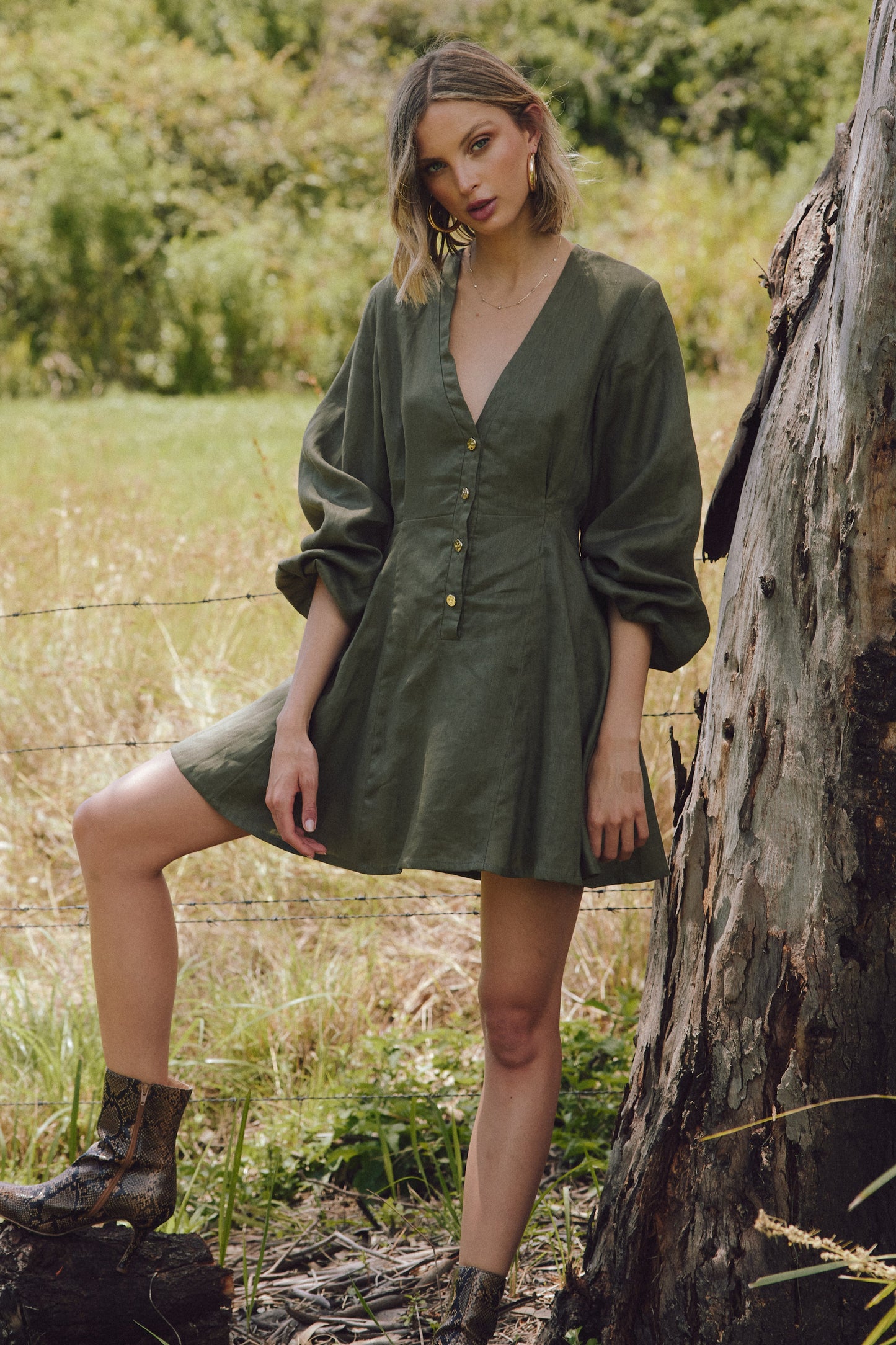 Apero Ace Button-Up Linen Swing Dress