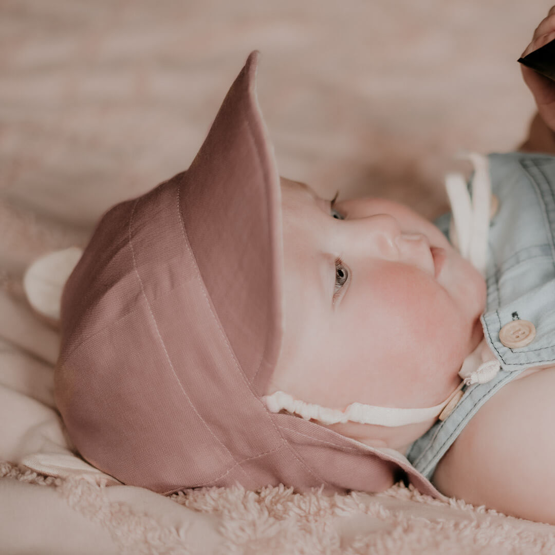Bedhead Hats - 'Roamer' Baby Reversible Teddy Flap Baby Sun Hat - Rosa / Flax