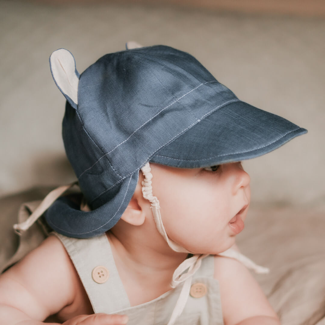 Bedhead Hats - 'Roamer' Baby Reversible Teddy Flap Baby Sun Hat - Steele / Flax