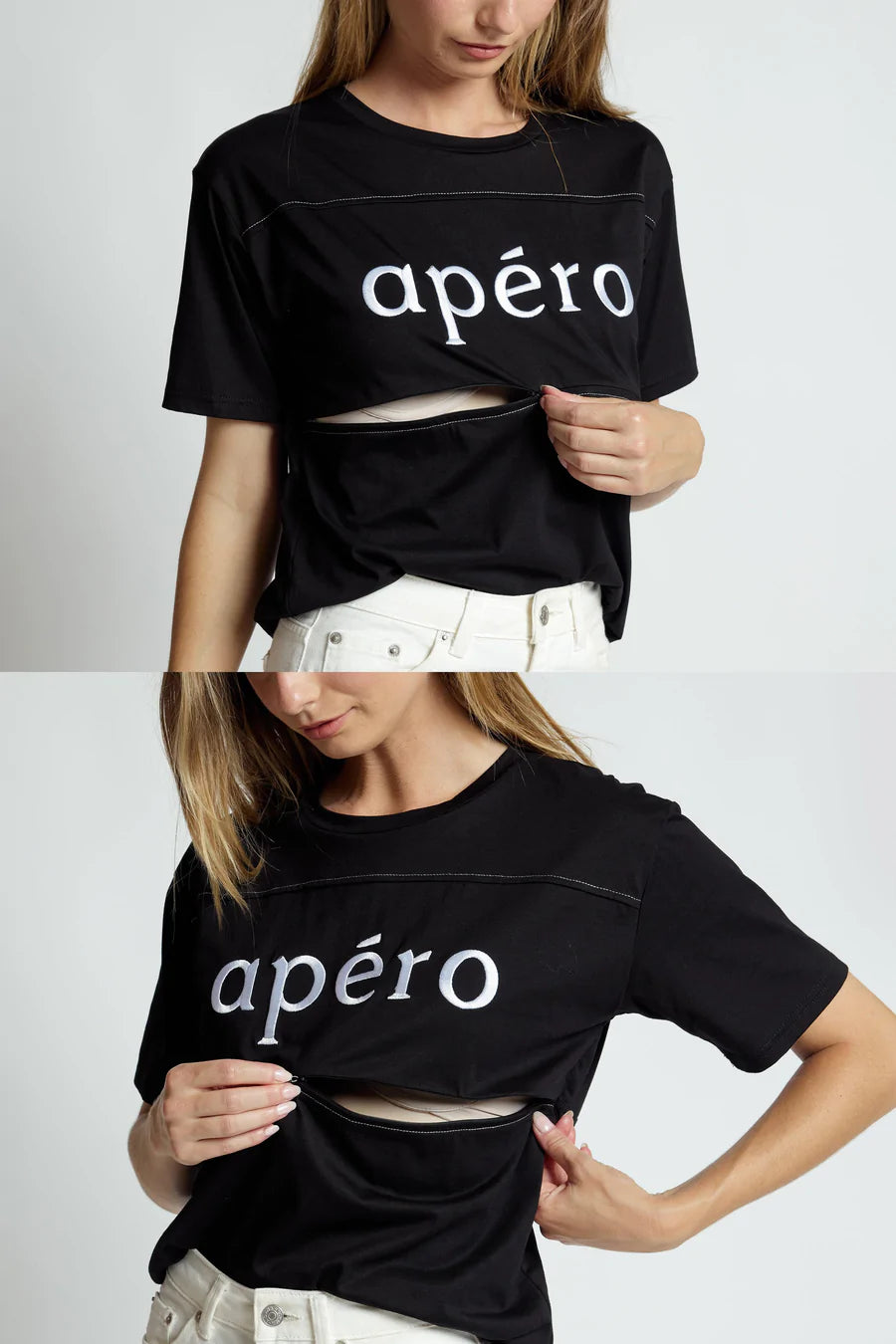 Apero - Duel Panel Embroidered Breastfeeding Tee Black/White