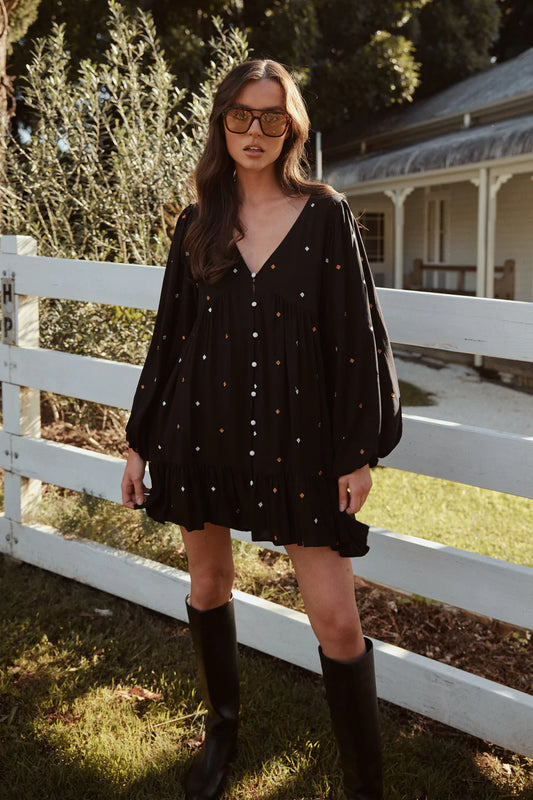 Apero - Jewel Embroidered Baby Doll Mini Dress