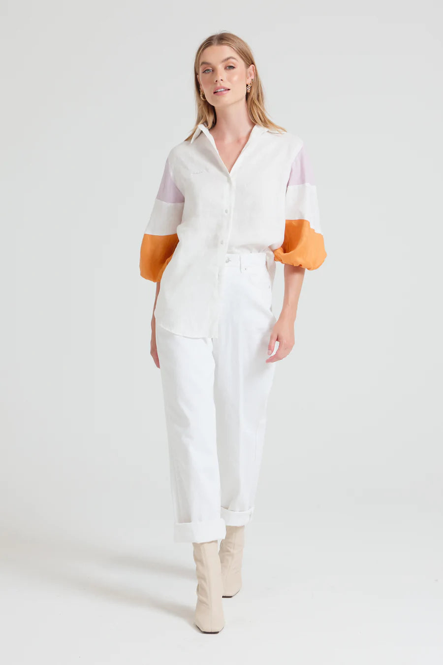 Apero - Loli Linen Button Up Shirt - White / Orange / Lilac