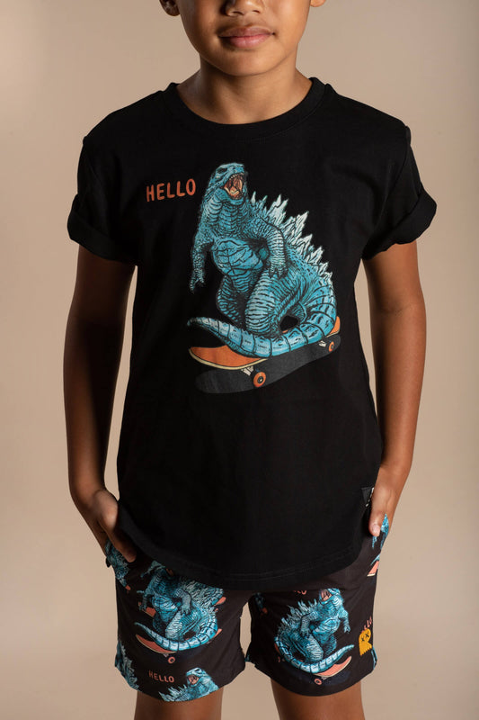 Rock Your Baby Godzilla T-Shirt - Black Shirt with skateboarding Godzilla printed on front