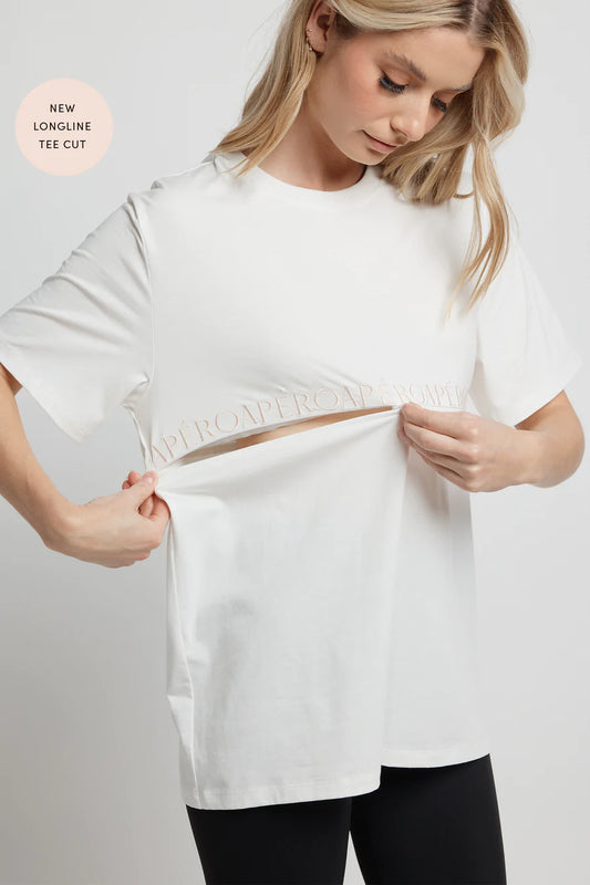 Apero - Splice Embroidered Longline Breastfeeding Tee - White / Beige
